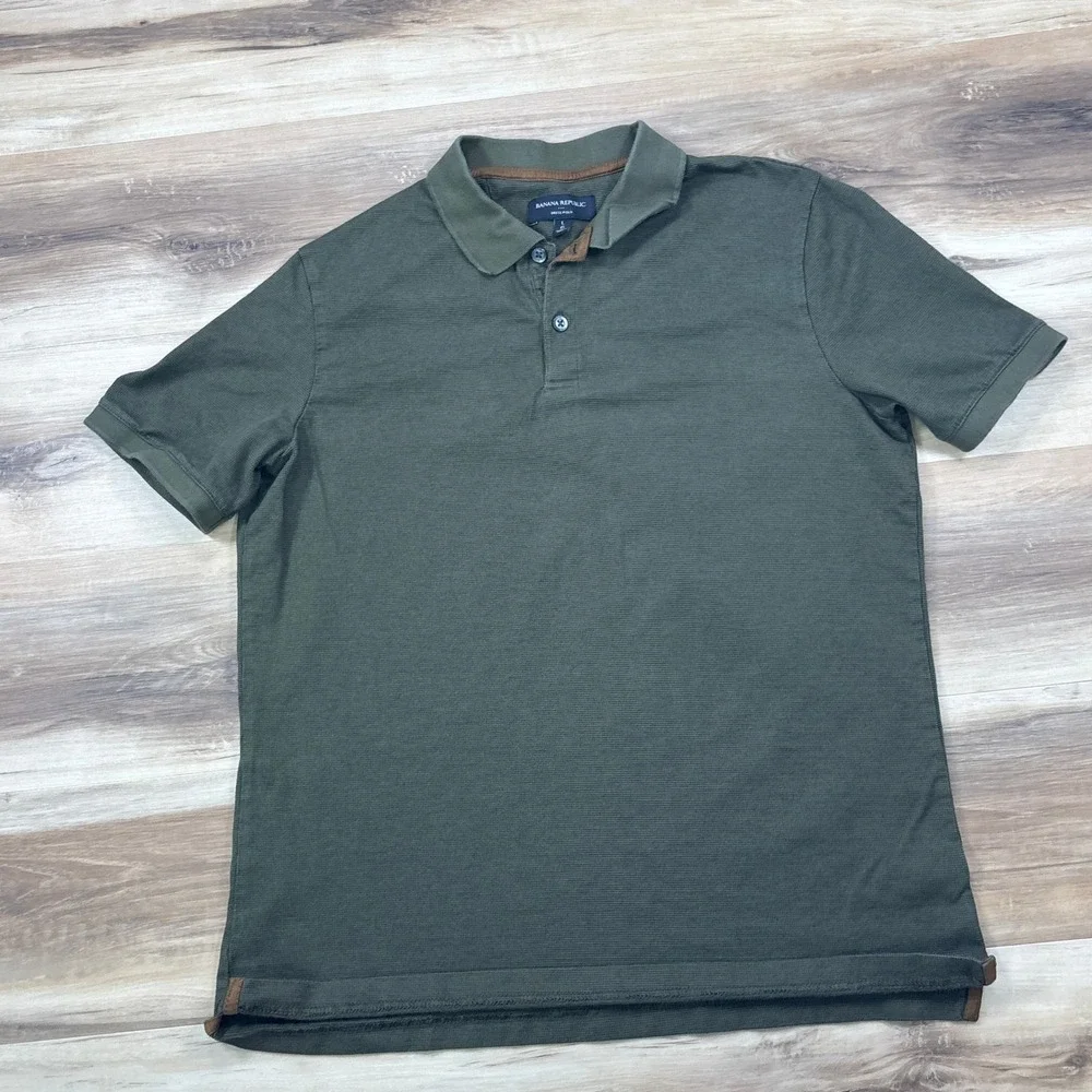Banana Republic Dress Polo Mens Large Minimalist 100% Cotton Pique Olive Green